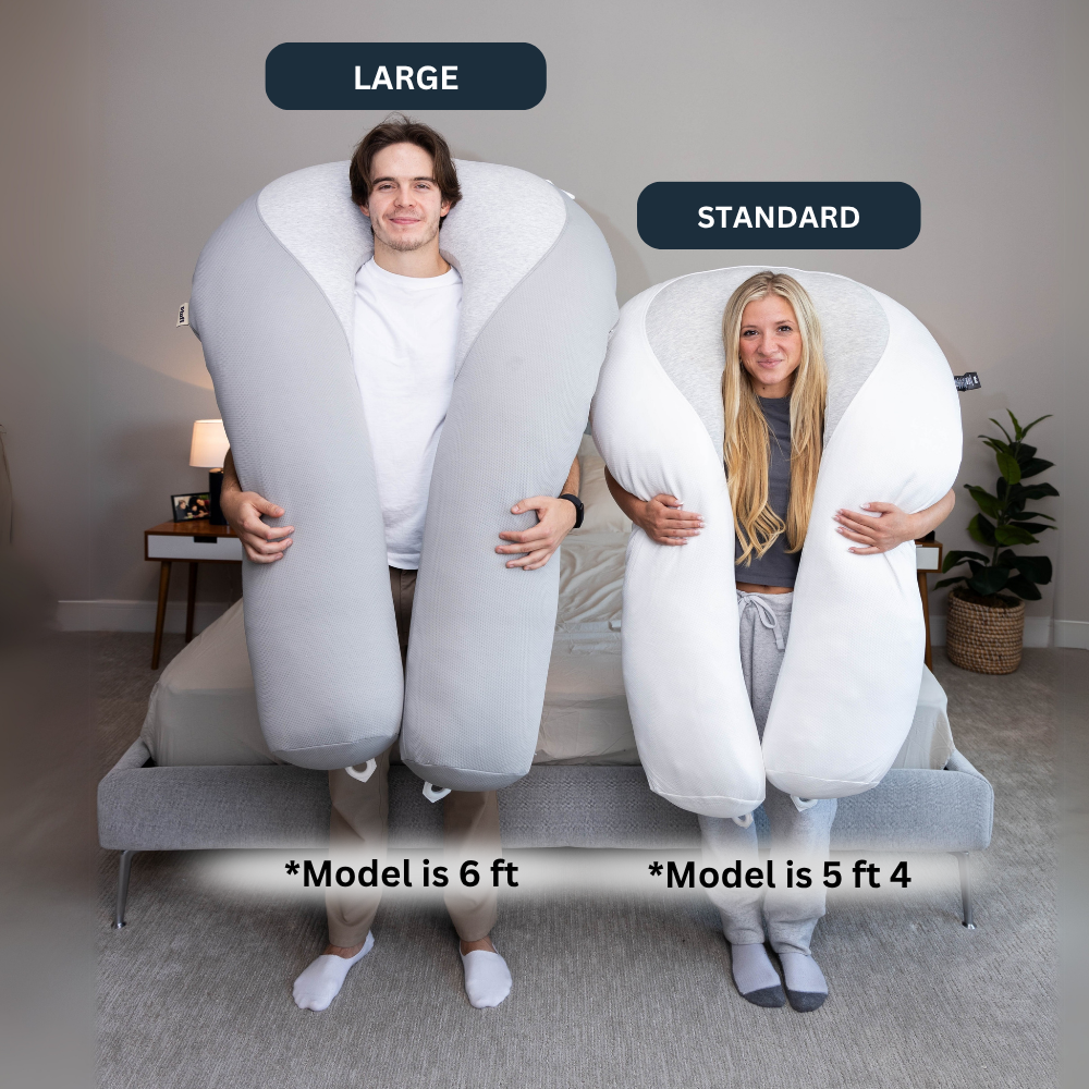 Two models holding Hugl body pillows in Large and Standard sizes; Large model is 6 ft, Standard model is 5 ft 4
