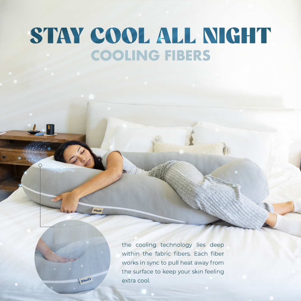 Woman sleeping with the Hugl body pillow; text reads Stay Cool All Night with cooling fibers