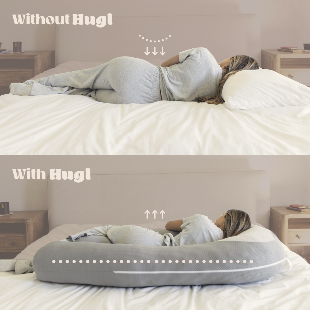 Diagram comparing side-sleeping posture without Hugl and with Hugl supporting body alignment