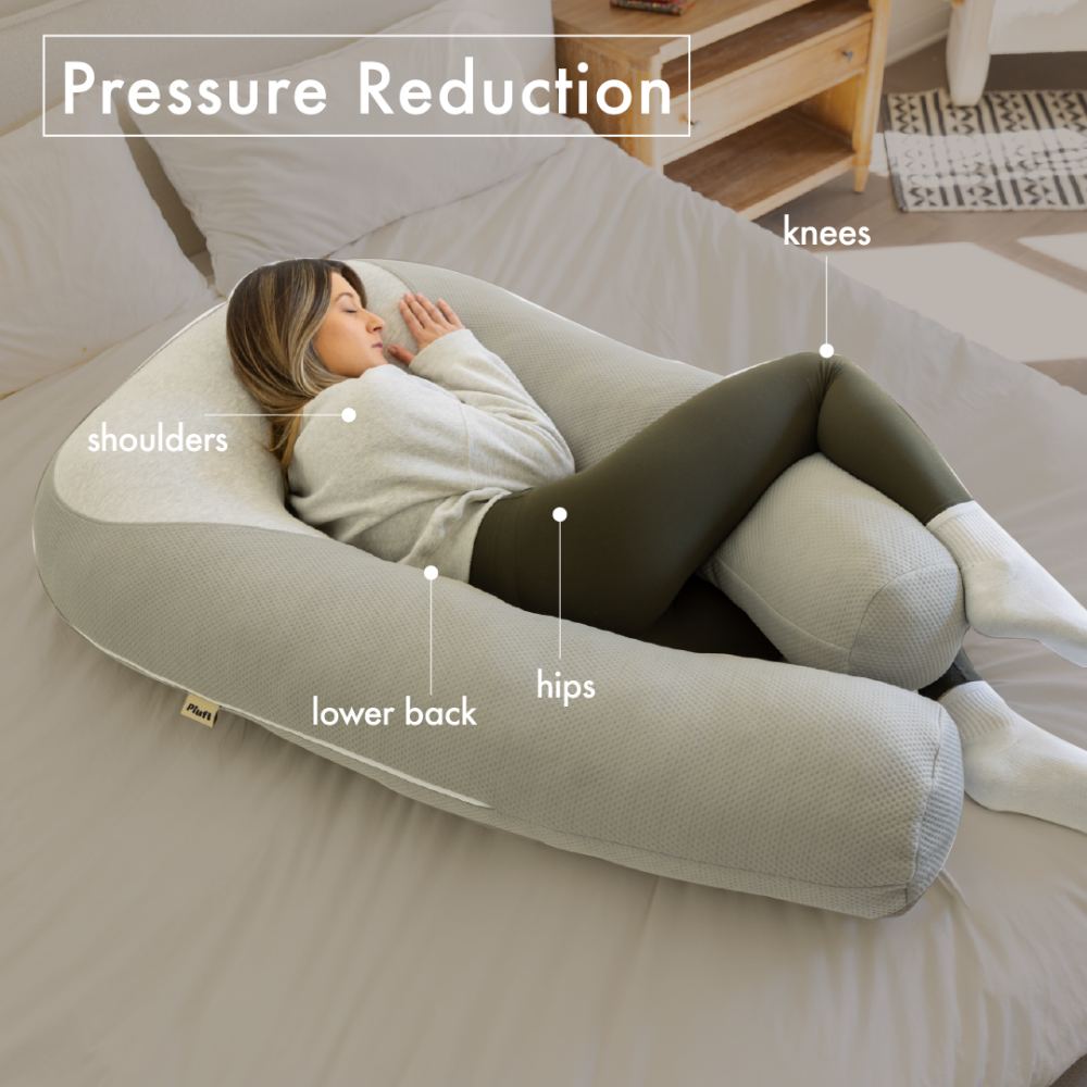 Diagram labeled Pressure Reduction showing the Hugl supporting shoulders, lower back, hips, and knees