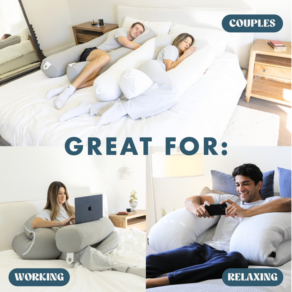 Photo collage labeled Great For: couples, working, and relaxing with the Hugl body pillow