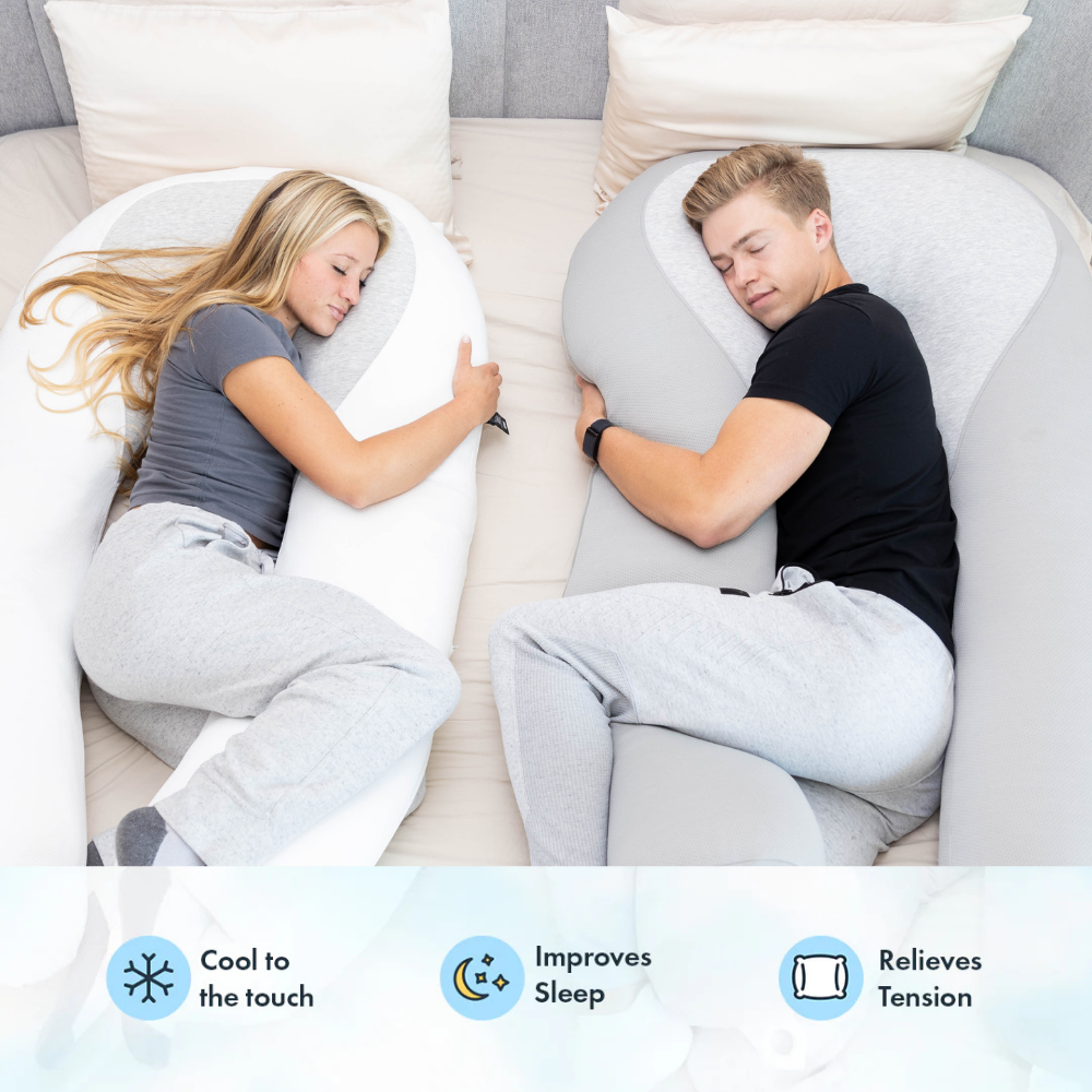 Couple lying with Hugl pillows; icons read cool to the touch, improves sleep, relieves tension