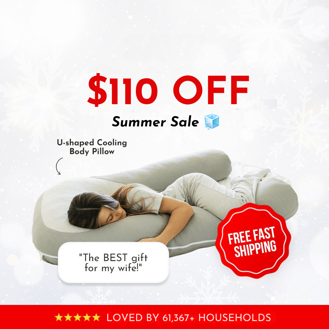 Promotional graphic: $110 off summer sale on the U-shaped Hugl cooling body pillow, with free fast shipping