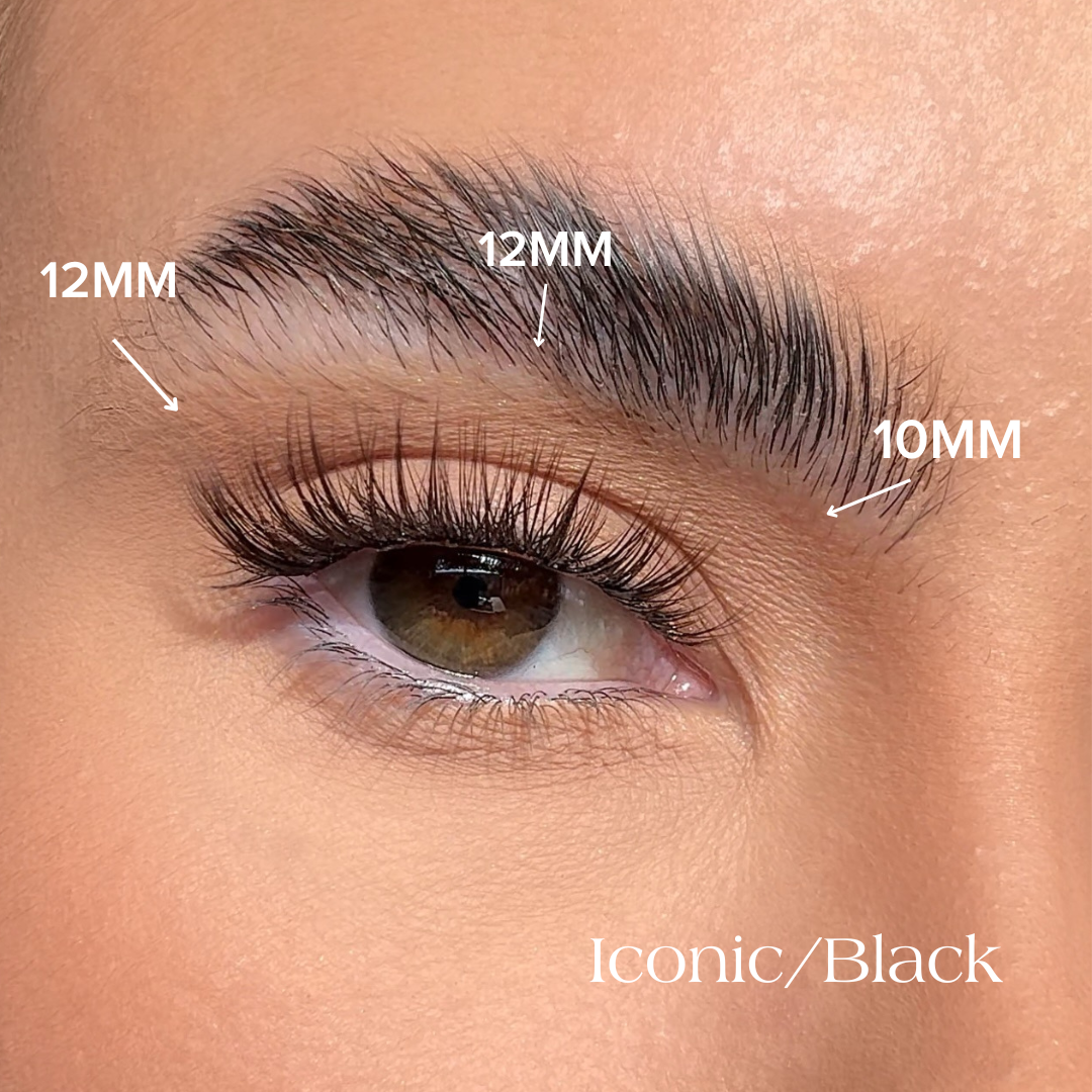 Eyelash extension labeled with length measurements on a close-up of an eye.