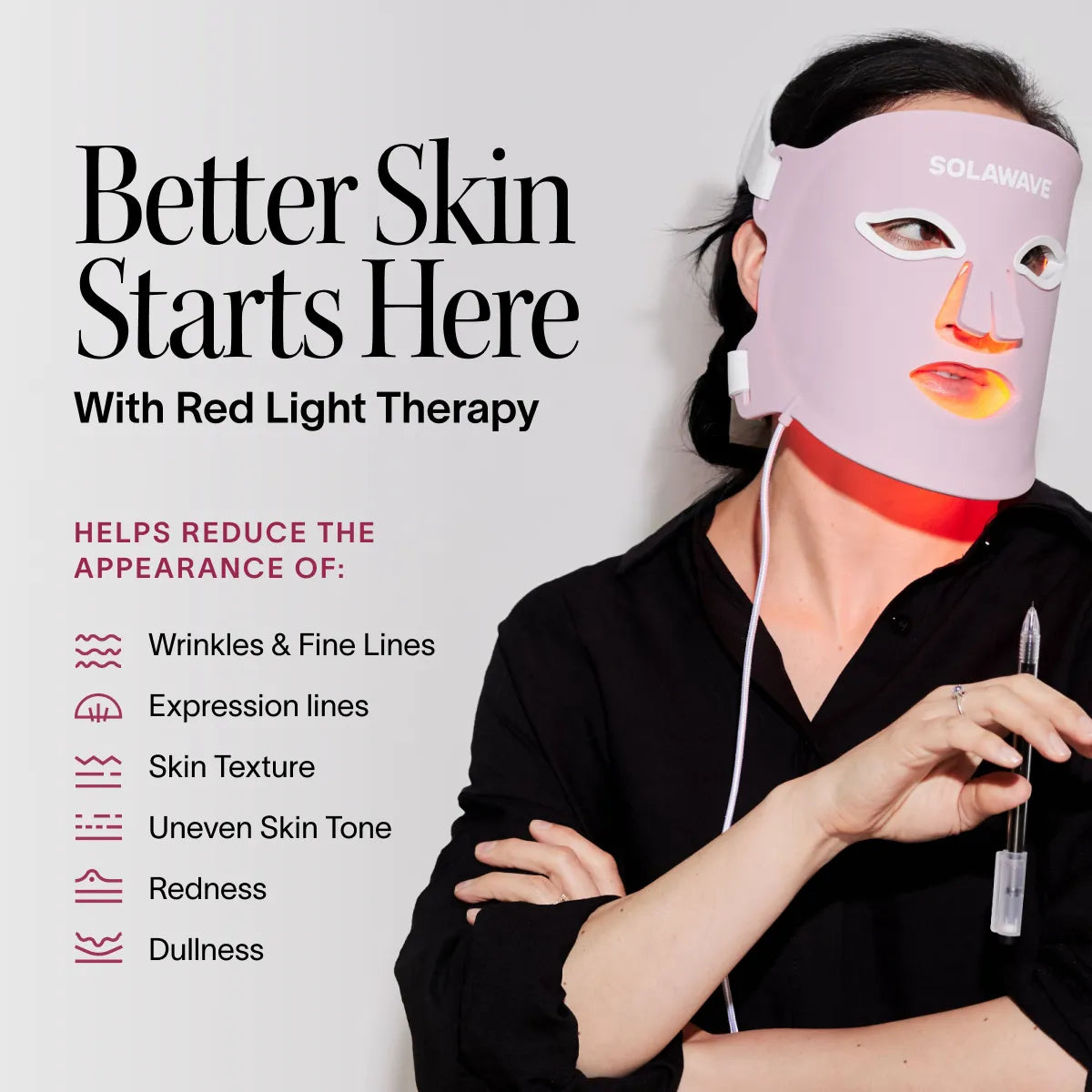 A person wears the Solawave Wrinkle Retreat Pro LED Face Mask. Text reads, "Better Skin Starts Here with Red, Infrared & Amber Light Therapy," reducing wrinkles and uneven skin tone for a true wrinkle retreat.