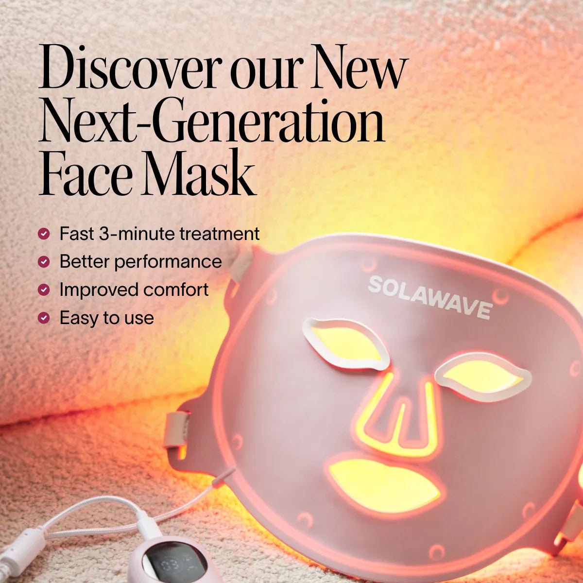 A Solawave Wrinkle Retreat Pro LED Face Mask with red, infrared, deep red, and amber light therapy glows orange on a soft surface. Text highlights a quick 3-minute anti-aging treatment for better results, comfort, and performance.